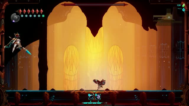Ortrinde floating above the arena while Kisha approaches